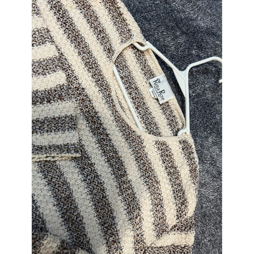 Reba Rose Women Medium Brown Cream Striped Cotton Knit Sweater Made in USA - Picture 2 of 11